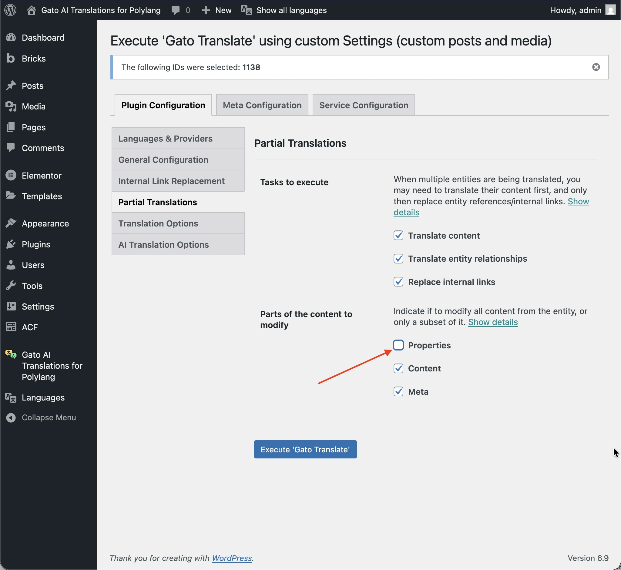 Selecting only the post content and meta for translation