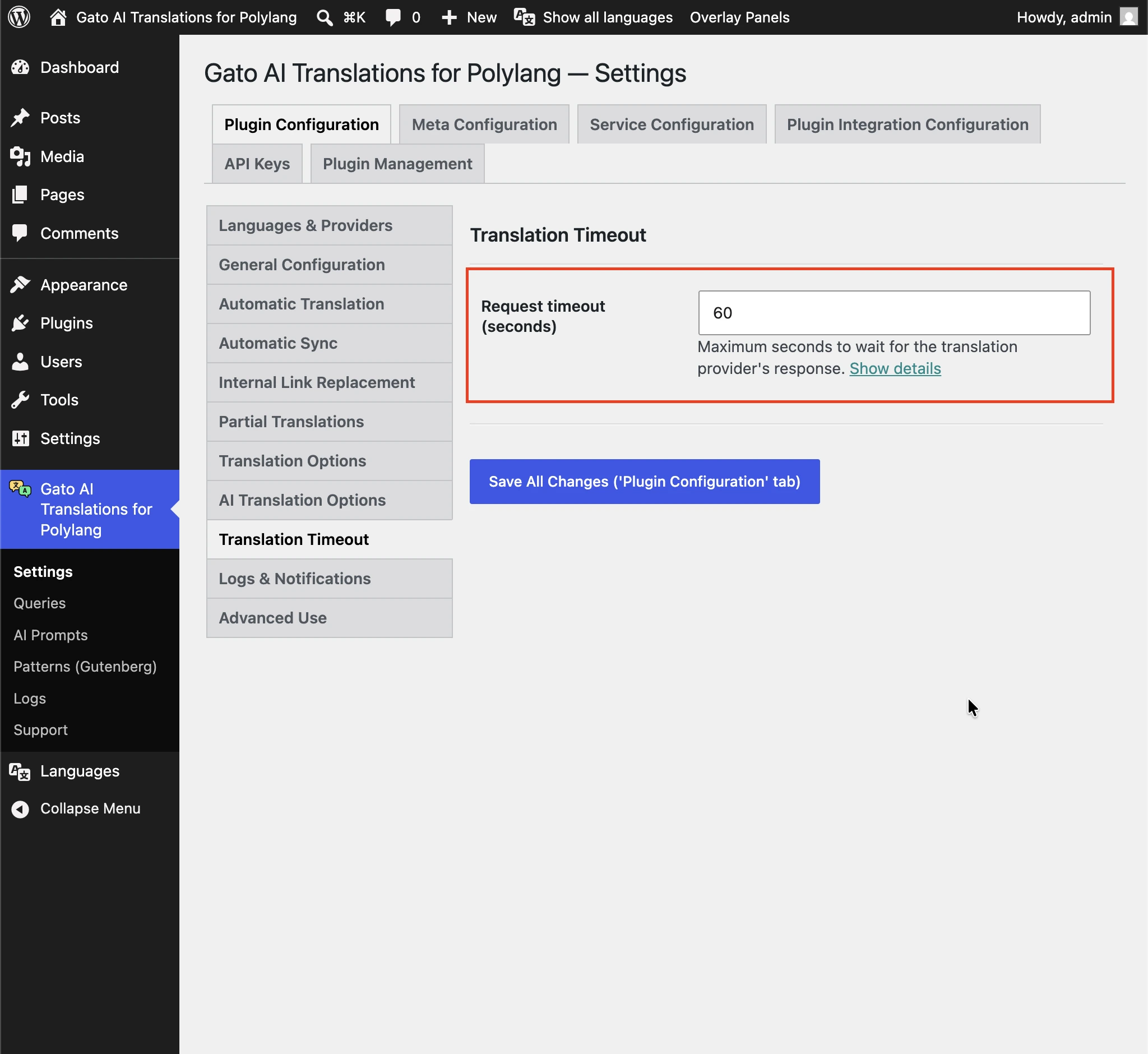 Setting the Translation Timeout option