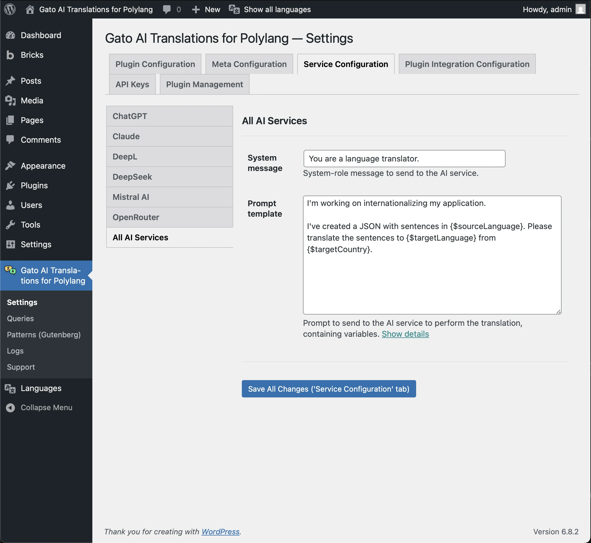 Unified AI Prompt settings