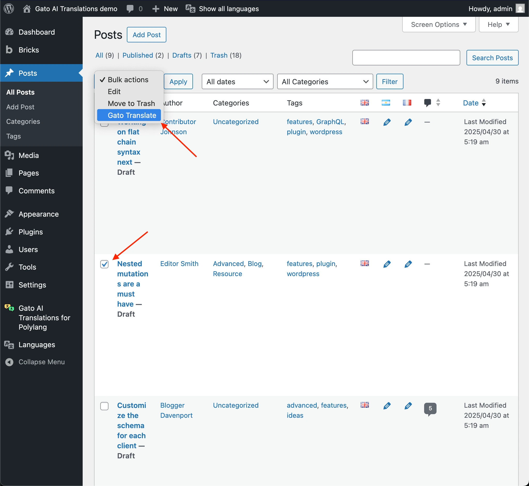 Manually translating a post via Bulk Actions