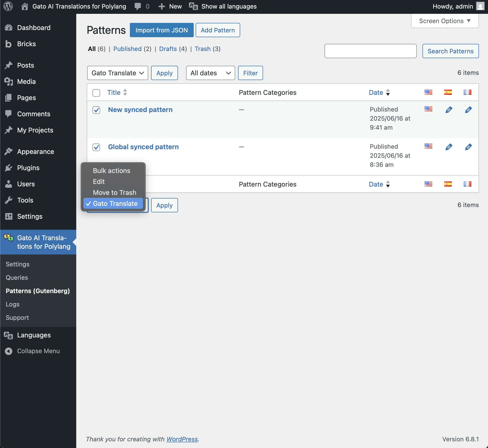 Translating patterns via Bulk Actions