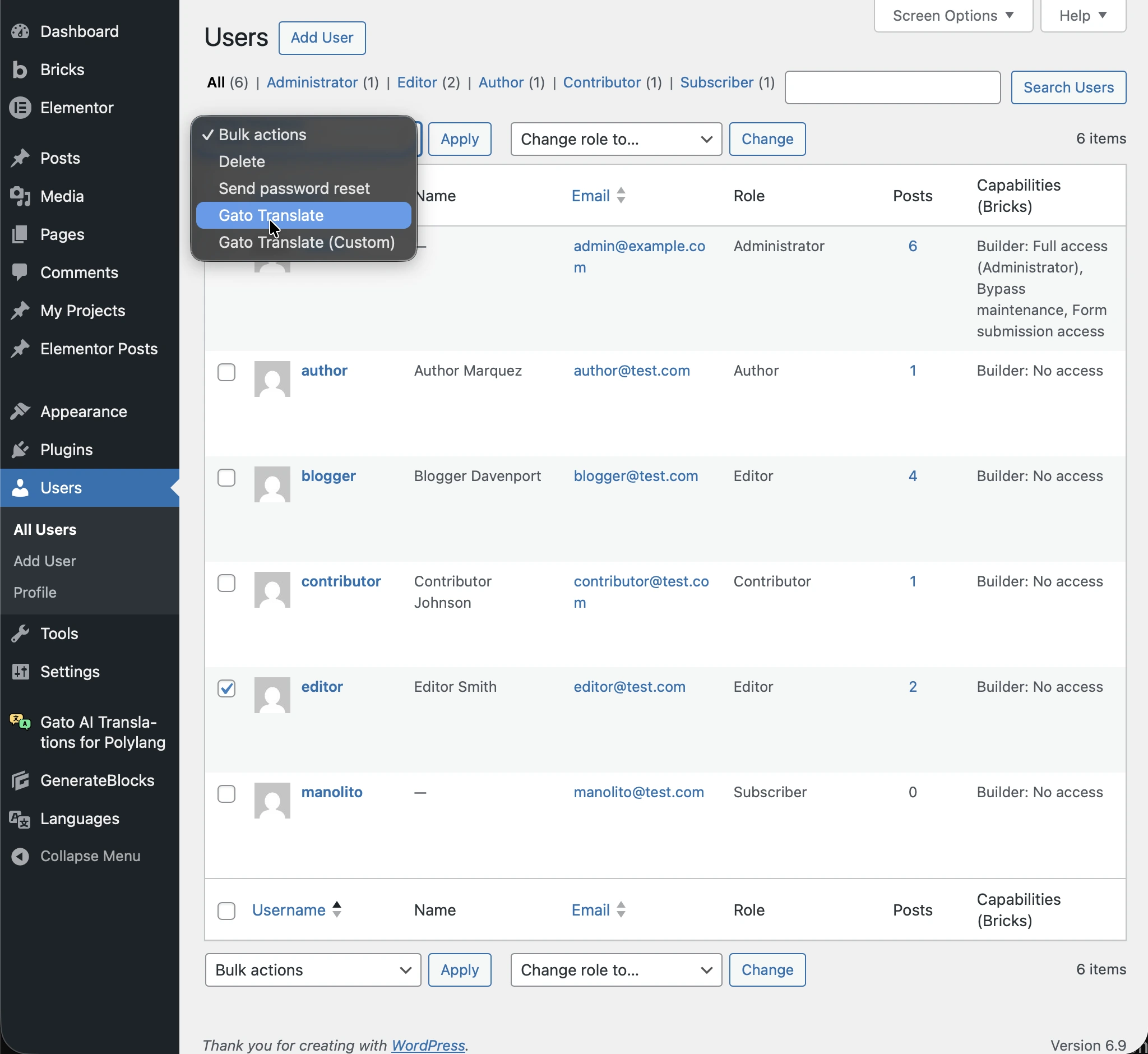 Executing the Gato Translate action for users
