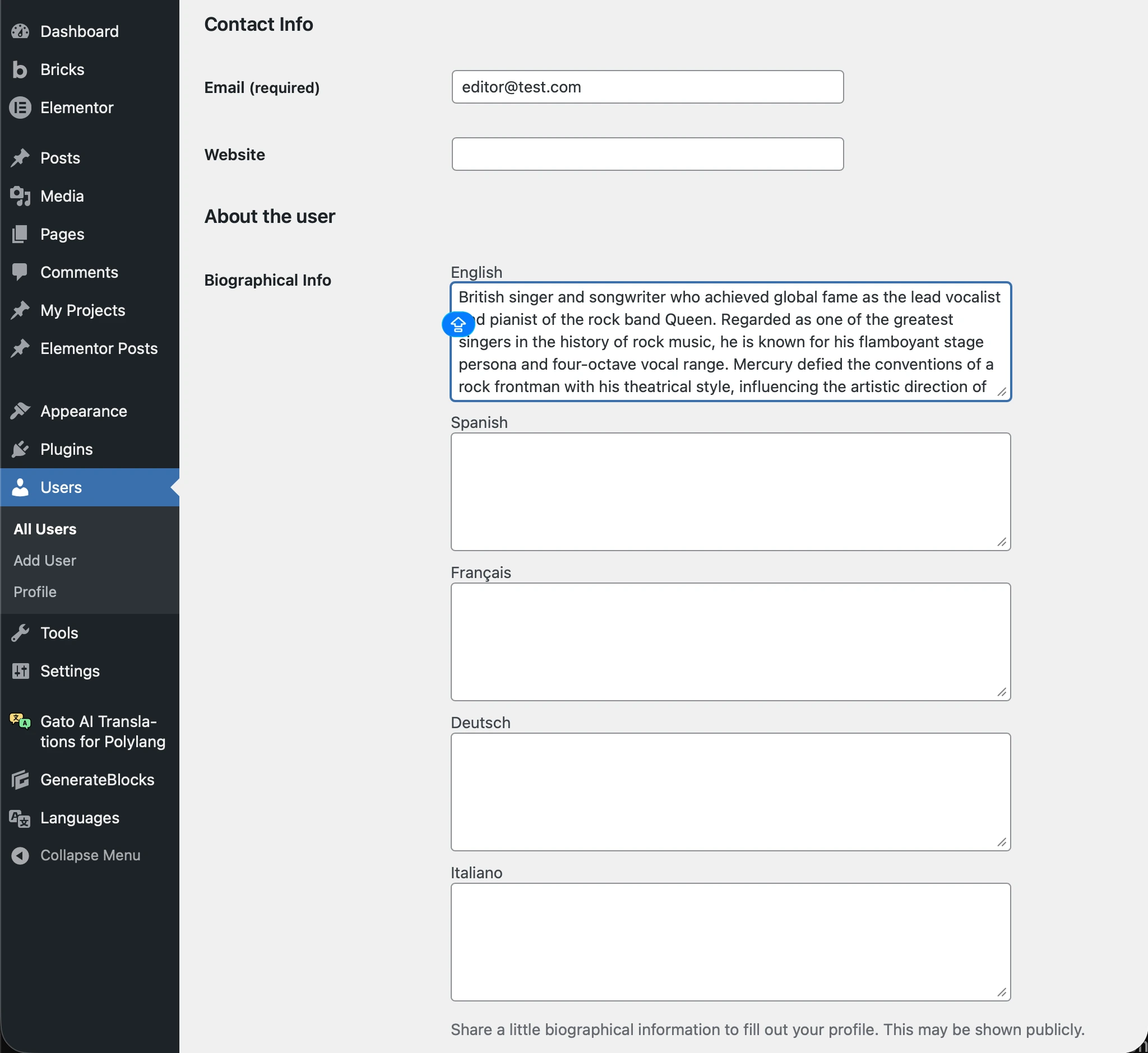 User profile with description in origin language