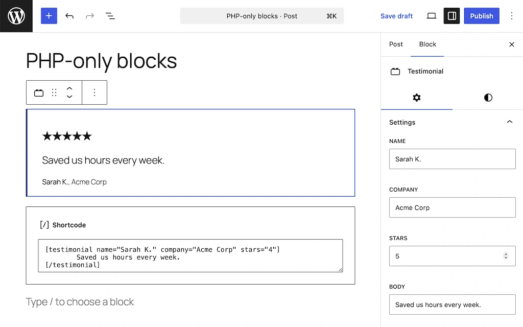 Example WordPress custom block created with PHP only