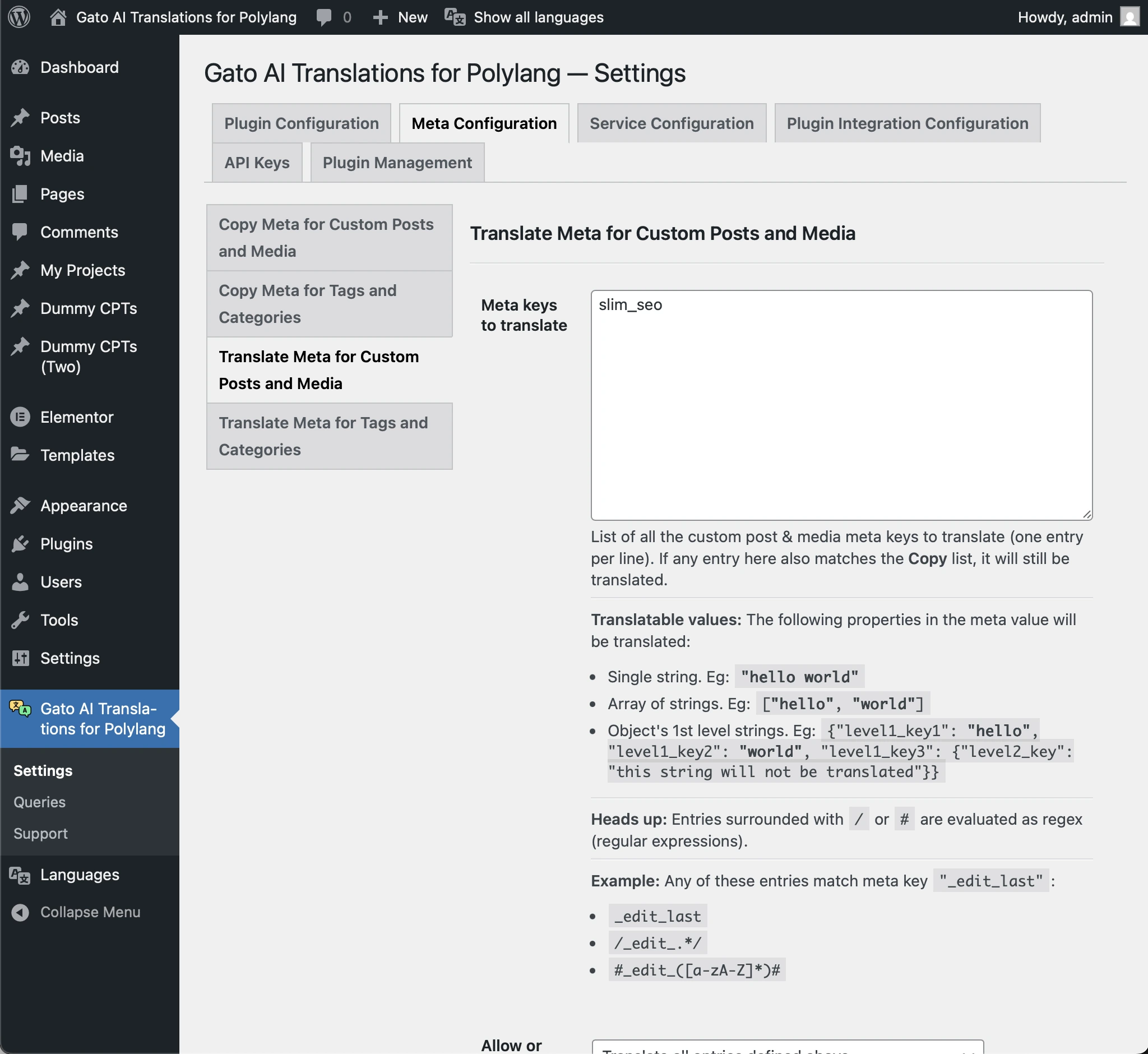 Indicating to translate Slim SEO meta key in the Settings