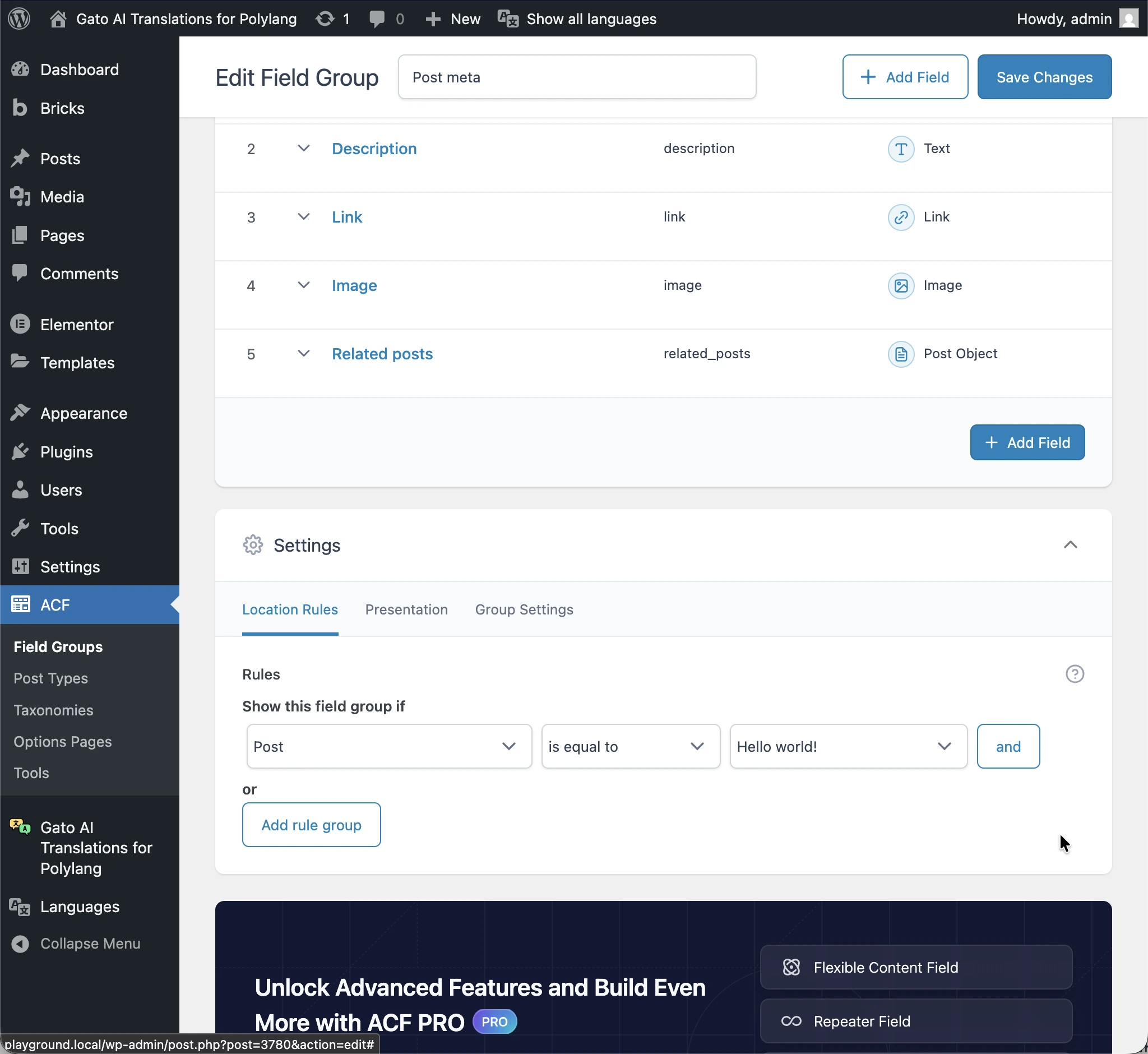ACF field group before adding translations