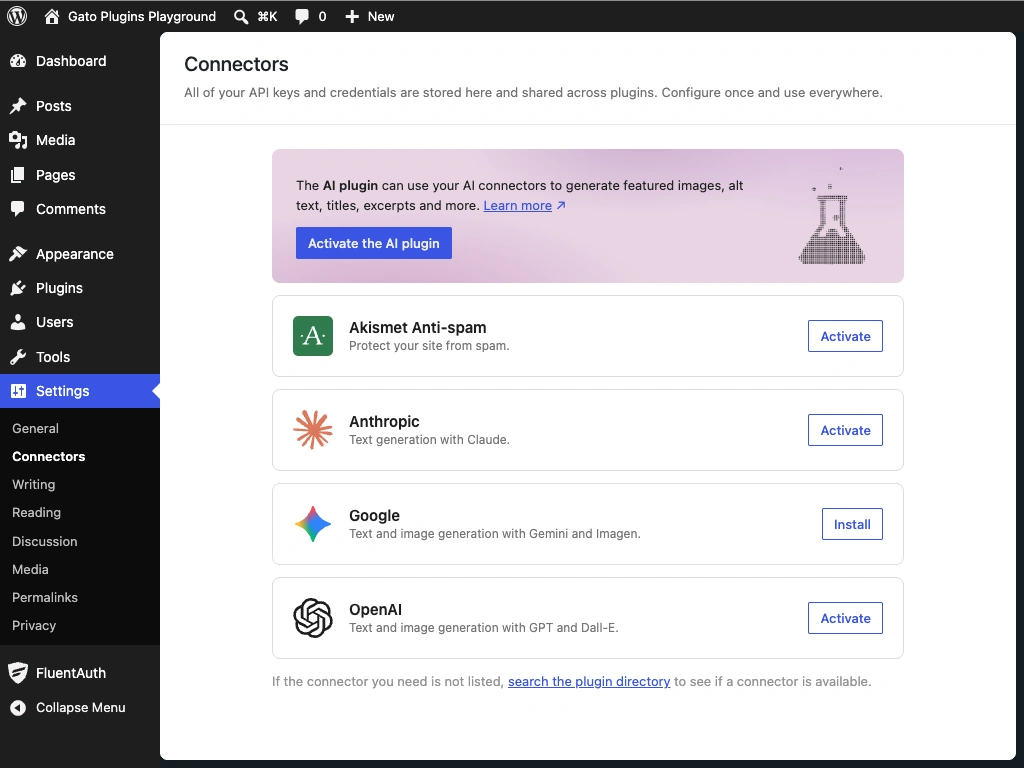 WordPress AI Connectors Admin Screen