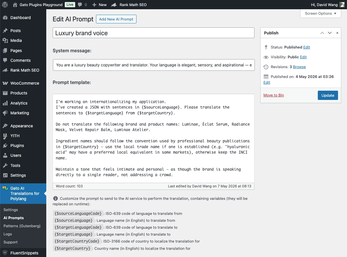 Custom prompt editor in Gato AI Translations