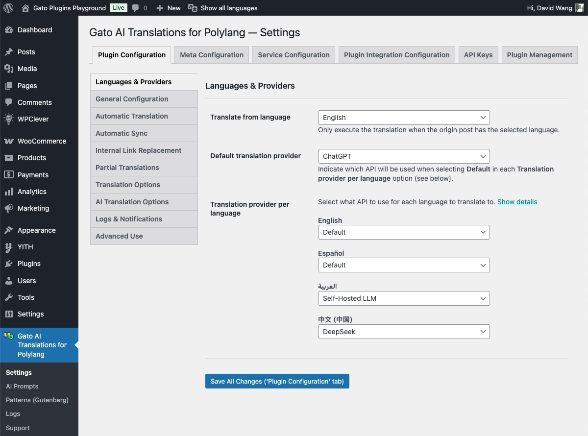 Gato AI Translations provider selection settings