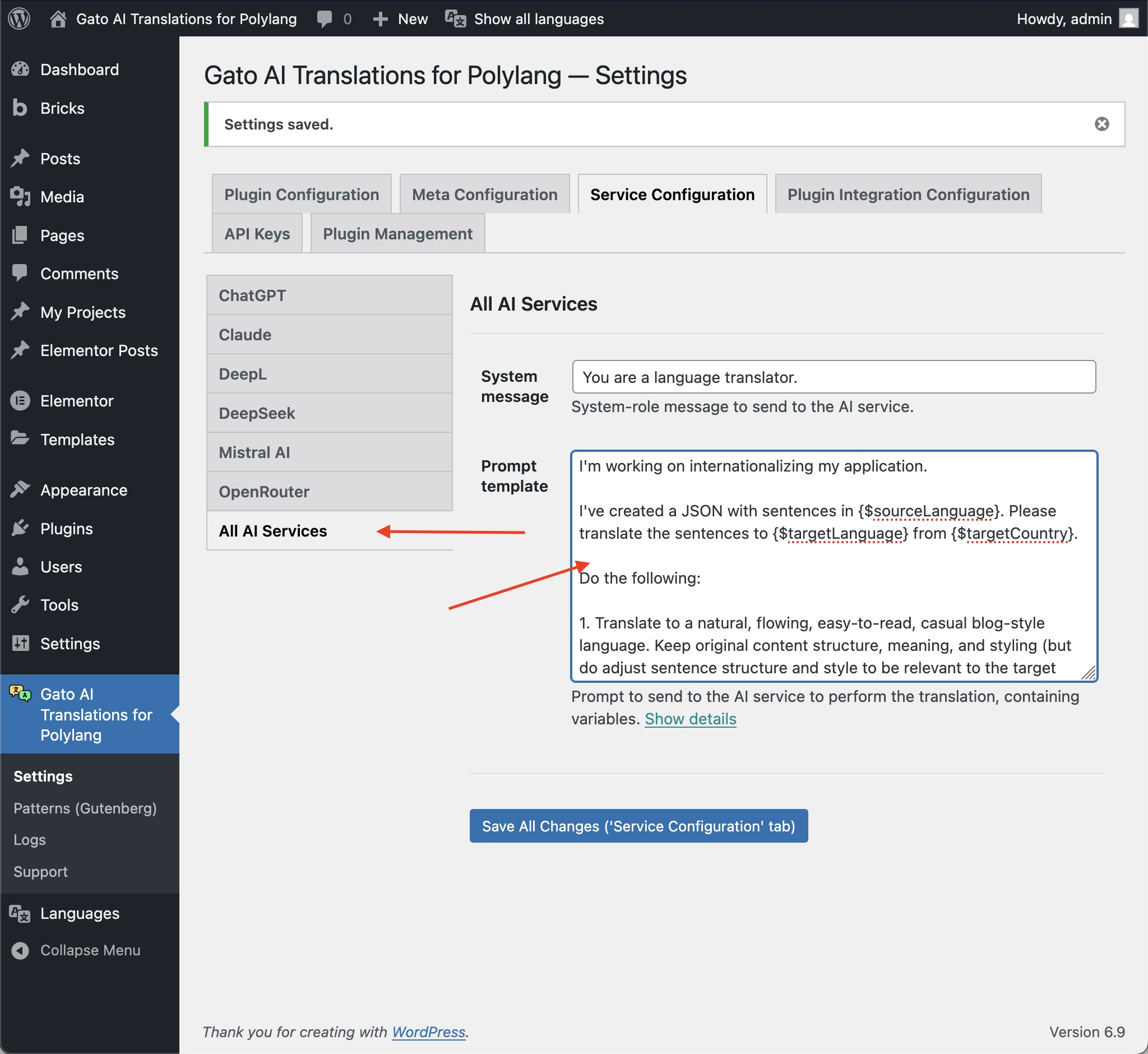 Copy the custom prompt for all AI services